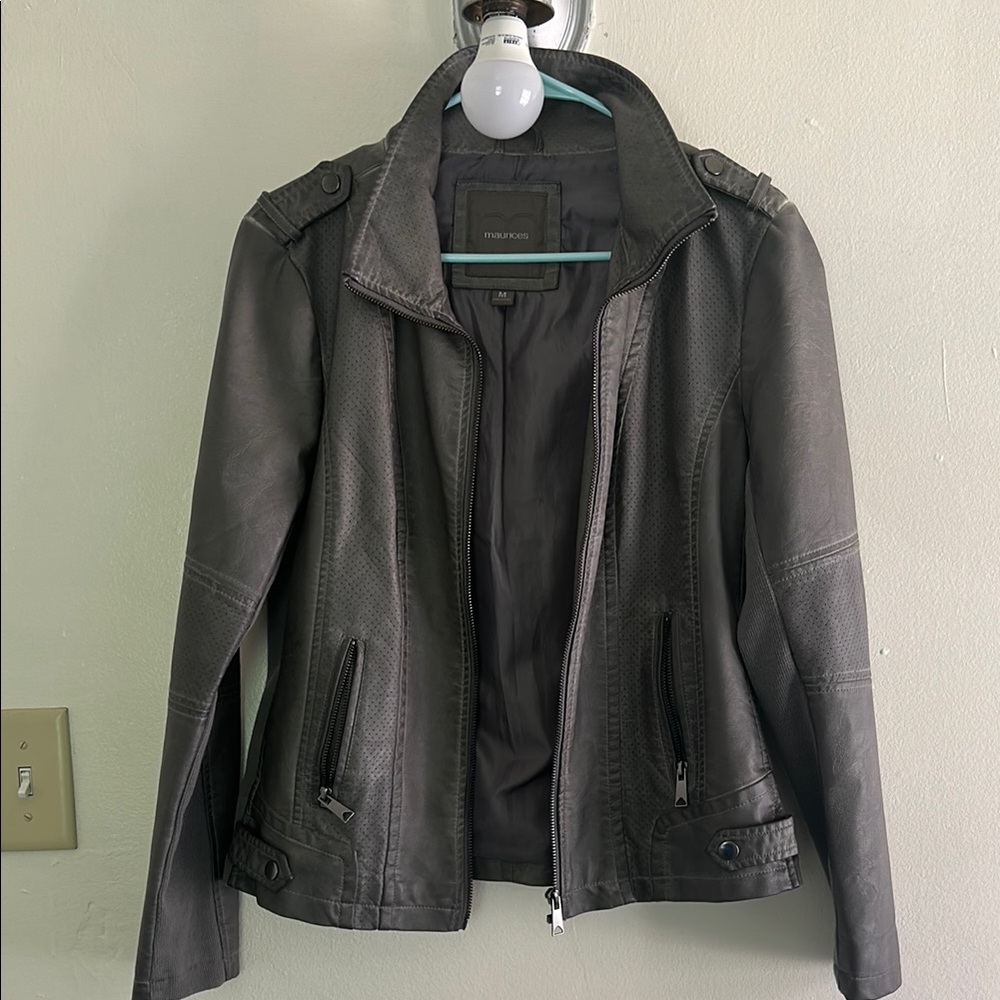 Faded Glory Gray Leather Jacket with Zipper Details